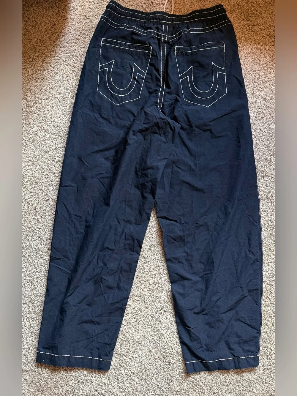 NWOT TRUE RELIGION Navy Wide-Leg Snap-Trim Track Pants with White Stitching